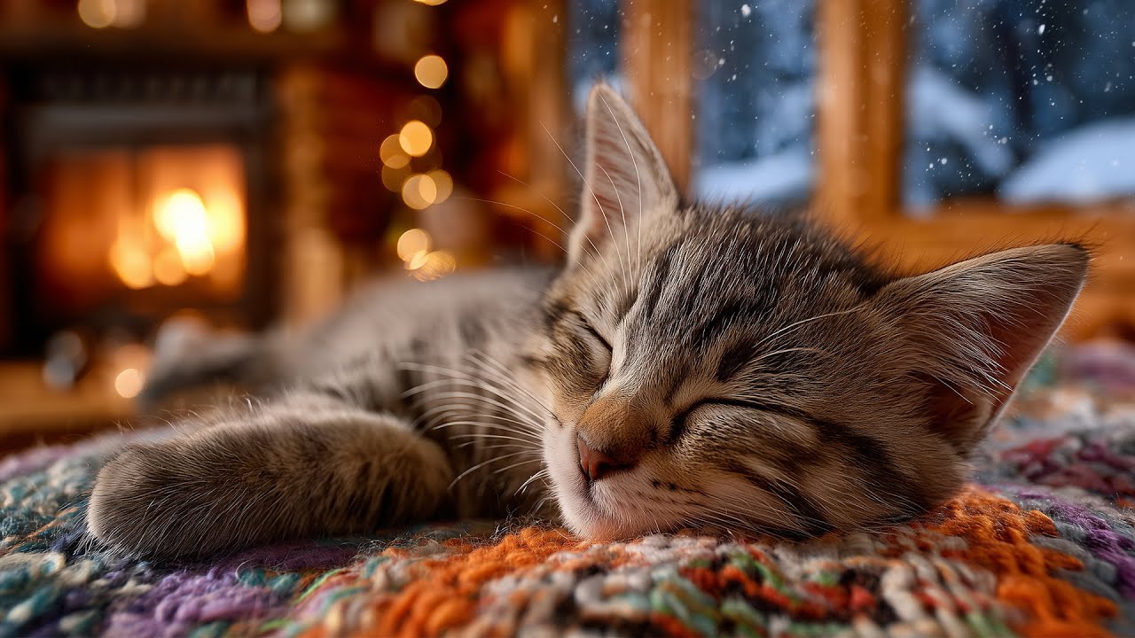 Purring by the Fireplace in a Cozy Room
