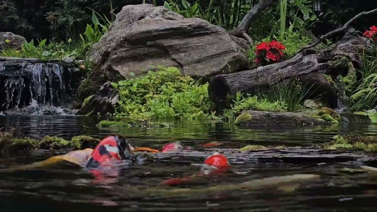 KOI climbing a log for food. Yes fish climbing up onto a log.