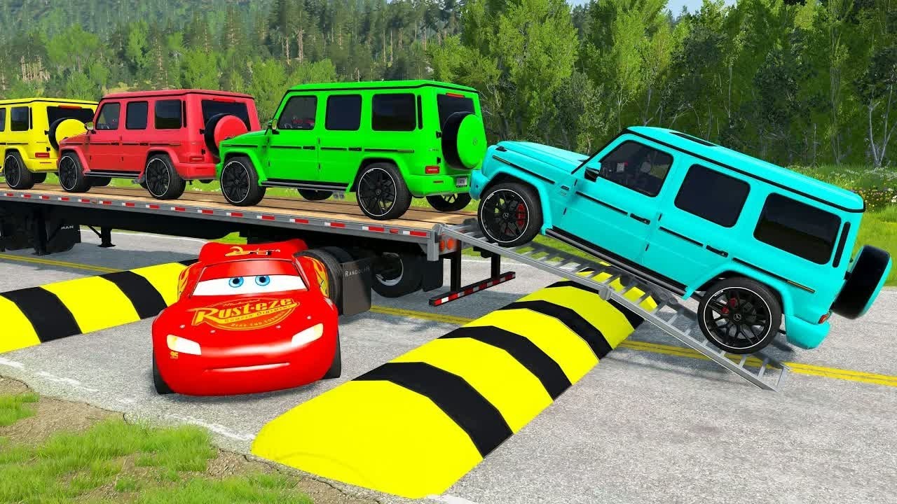 Flatbed Trailer McQueen Transportation with Truck - Speedbumps vs Cars vs Train - BeamNG.Drive #11