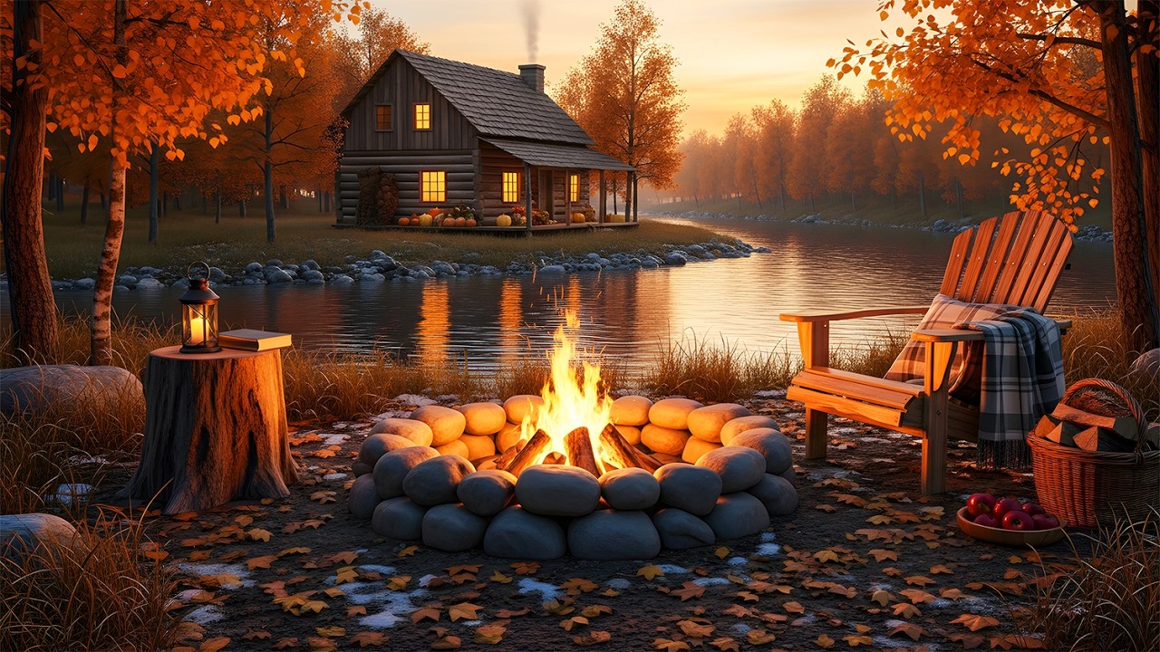 Autumn Sunset Cabin: Cozy Fireplace by the River ASMR (Deep Relaxation)