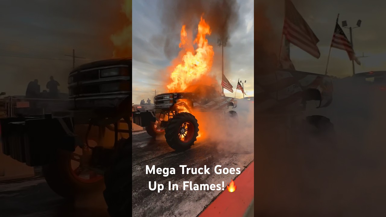 Mega Truck goes up in flames for Trucks Gone Wild Truck Tugs at The Barn in Sanford, Florida   ￼