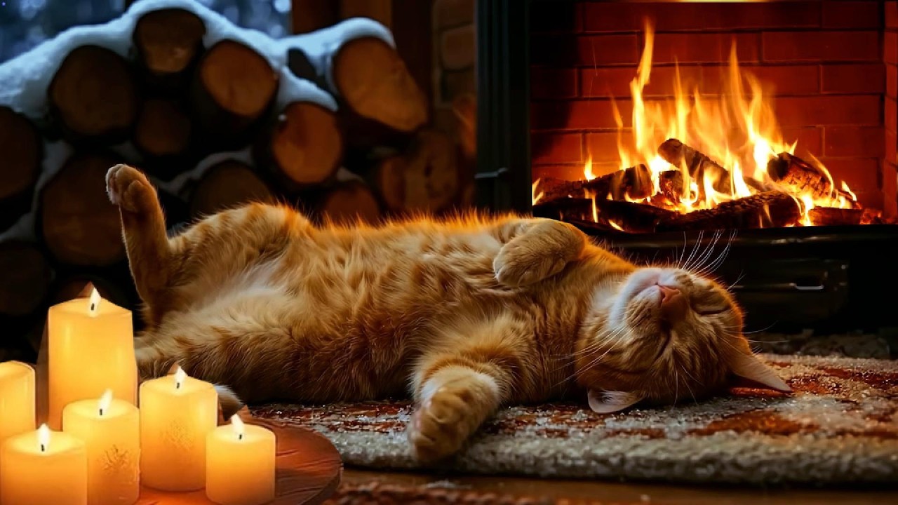 Sleeping Cat By Fireplace | Crackling Fire Sounds