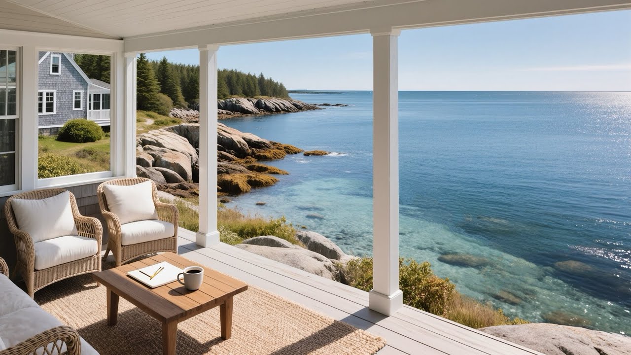 Crystal Clear Waters Seaside Porch | Ocean Breeze, Wind Chimes, Coastal Birds | Summer Morning Maine