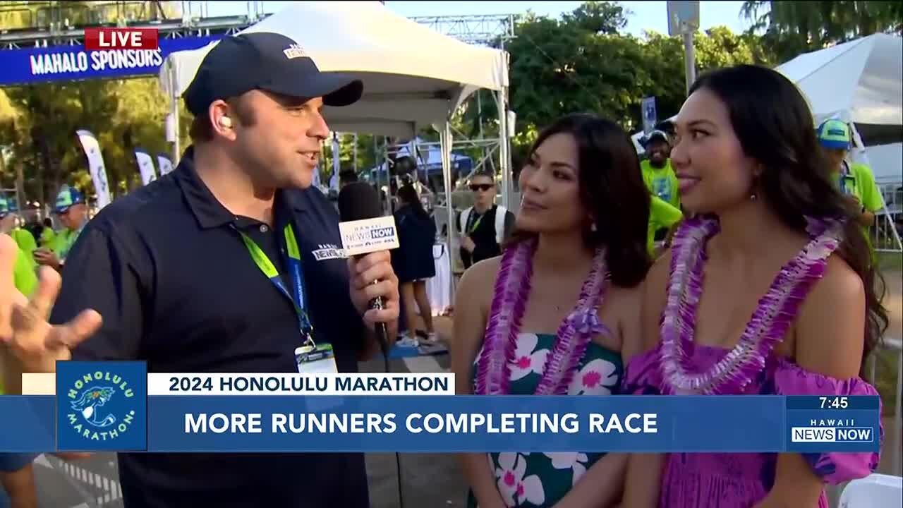 2024 Honolulu Marathon: Runners on the course, lei presenters at the finish line