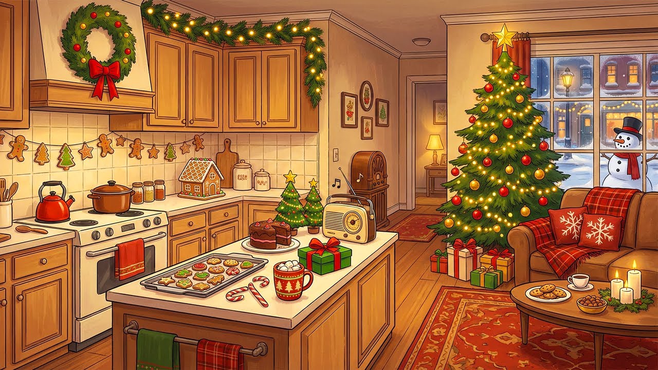 Cozy 1950's Christmas kitchen with oldies playing from a vintage radio (fireplace warmth)