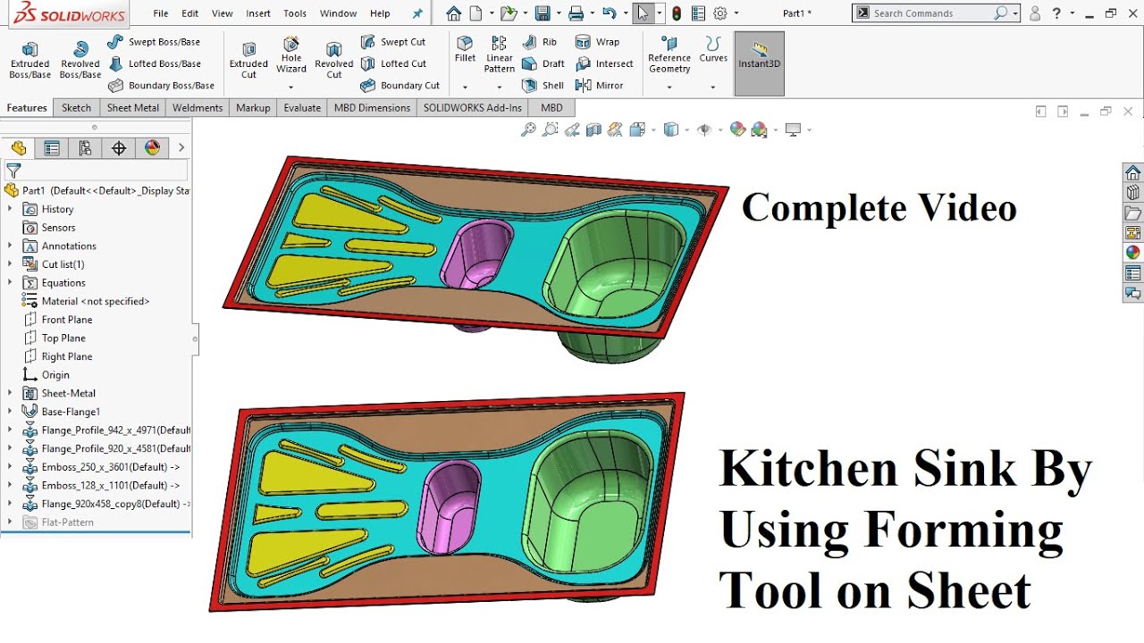 How  to make Kitchen Sink Using Forming Tool on Sheet Model in Solidworks from LearnVern Project 04