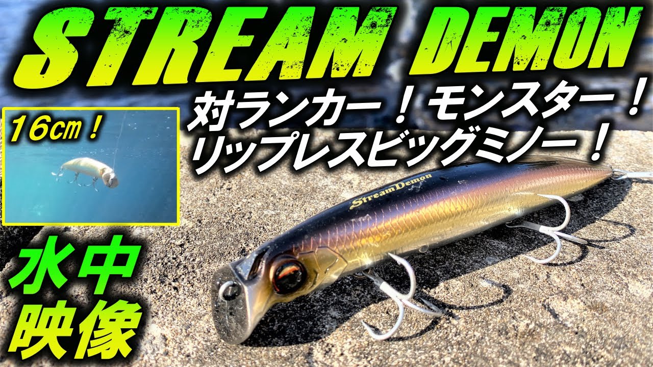 水中映像【ストリームデーモン 160】ランカーシーバス狙い撃ちルアー！ビッグサイズリップレスミノー！エバーグリーンStreamDemon