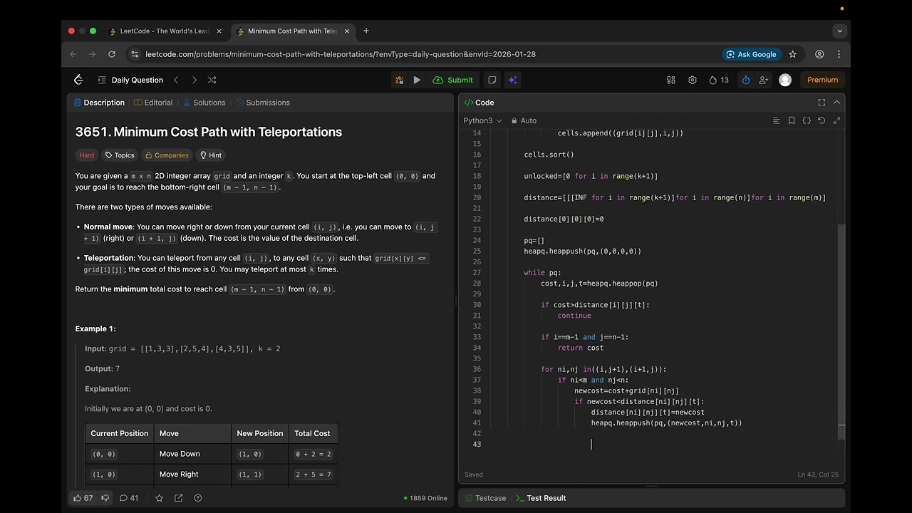 3651. Minimum Cost Path with Teleportations | Leetcode | Daily Question #leetcode