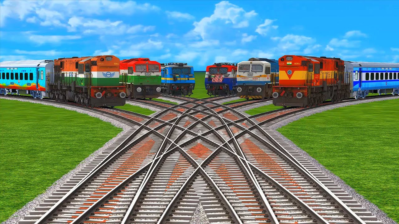 6 Different Colorful Trains Crossing On Same Line Railroad Track | Bumpy Forked Indian railway 