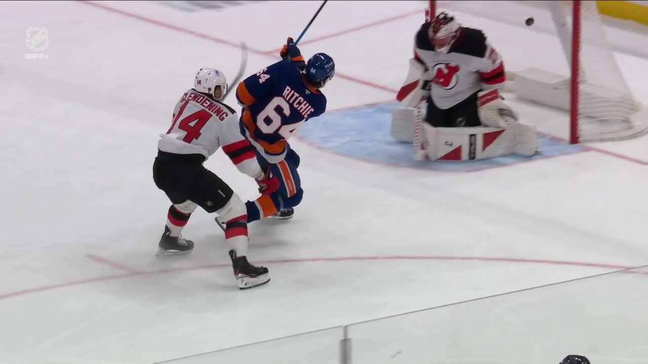 Calum Ritchie scores a goal against the New Jersey Devils