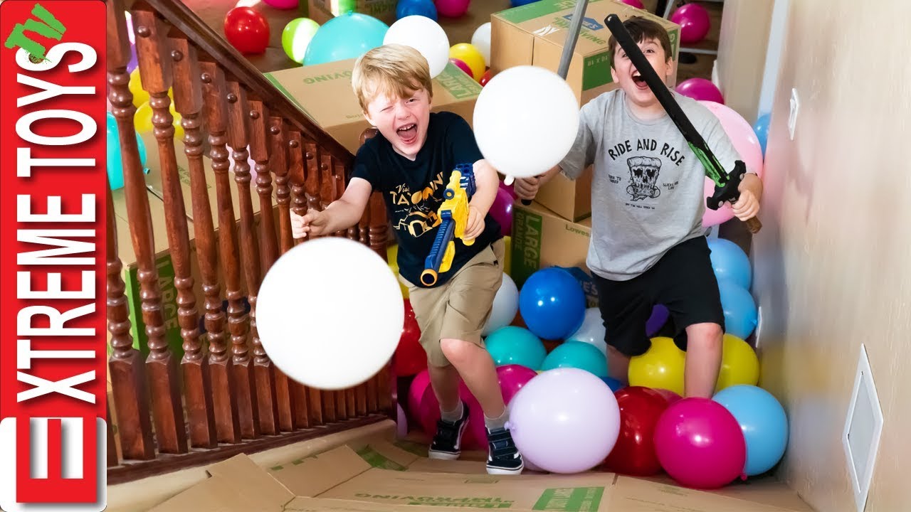 Moving Day Madness! Cardboard Box Balloon Slide Nerf Blast!