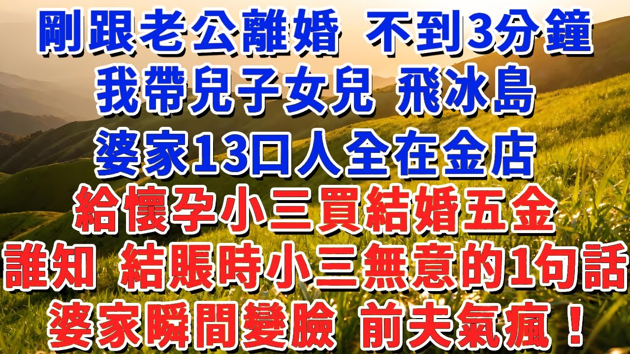 剛跟老公離婚 不到3分鐘，我帶兒子女兒 飛冰島，婆家13口人全在金店，給懷孕小三買結婚五金，誰知 結賬時小三無意的1句話，婆家瞬間變臉 前夫氣瘋！#小娟講故事 #情感故事 #老年生活