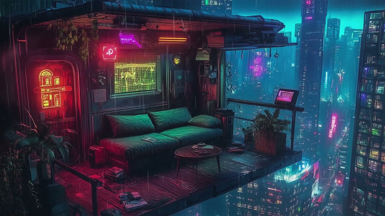 Heavy Rain on Neon Cyberpunk City Balcony at Night | Deep Sleep and Study Vibes | 4K