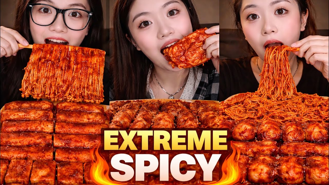 spicy noodles & enoki in red sauce… wait for that first bite 🔥 | asmr