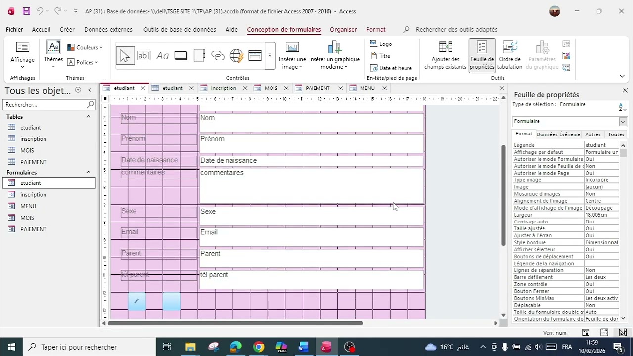 Application Gestion Scolaire (Formulaire : Menu + Retour)