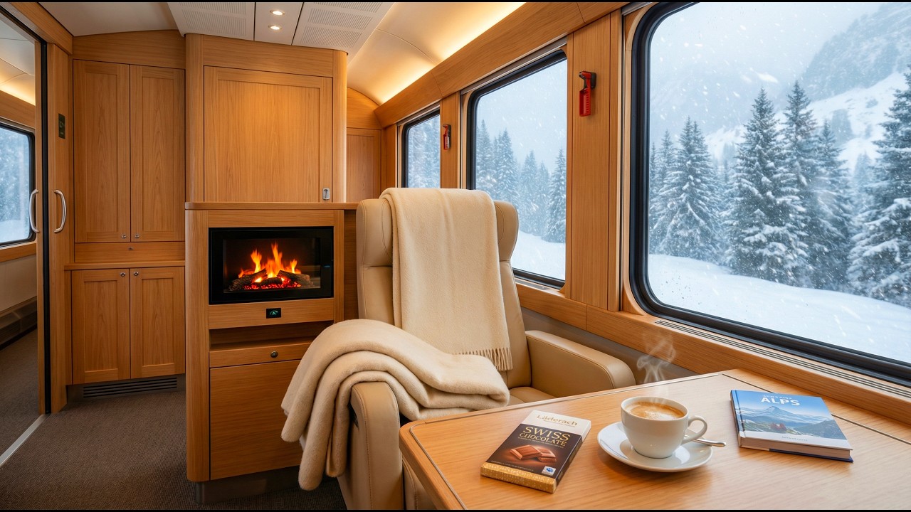First Class to Switzerland 🚂 Winter Storm Ambience with Fireplace & Warm Coffee | Relaxation