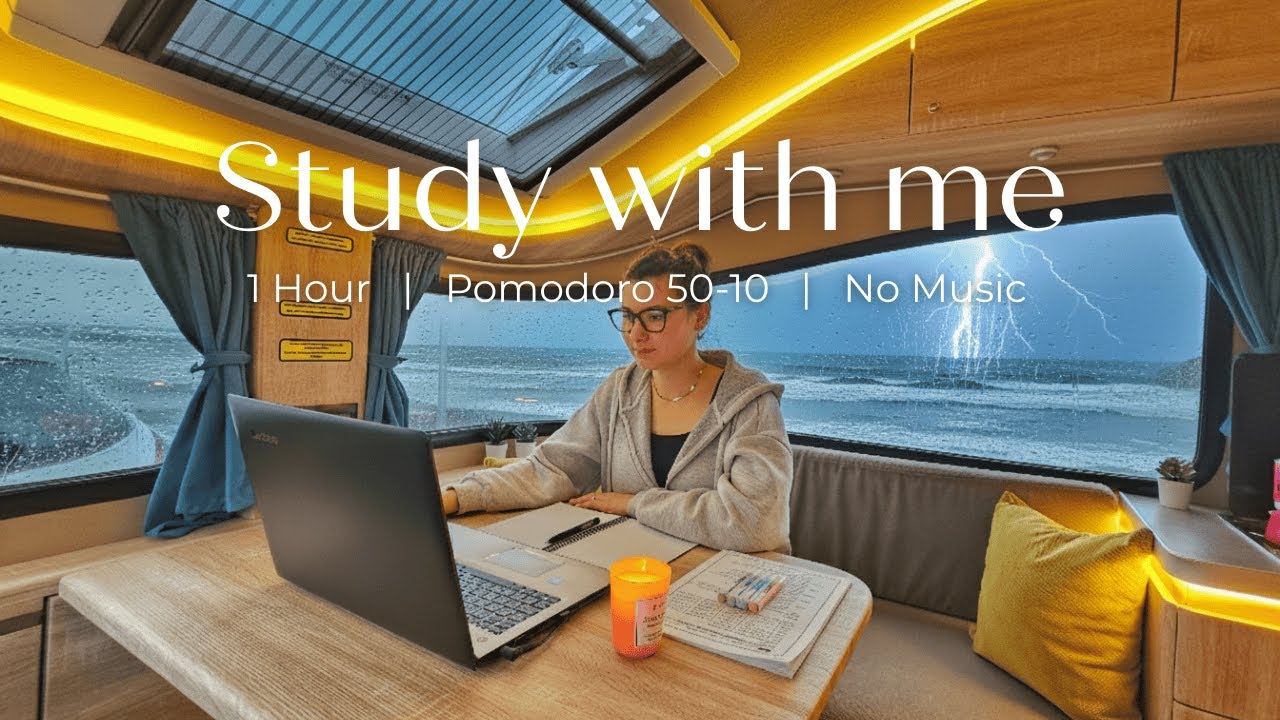 1 HOUR STUDY WITH ME | Cozy Rainy Day by the Sea 🌧️Rain Sounds | 50/10 Pomodoro | No Music