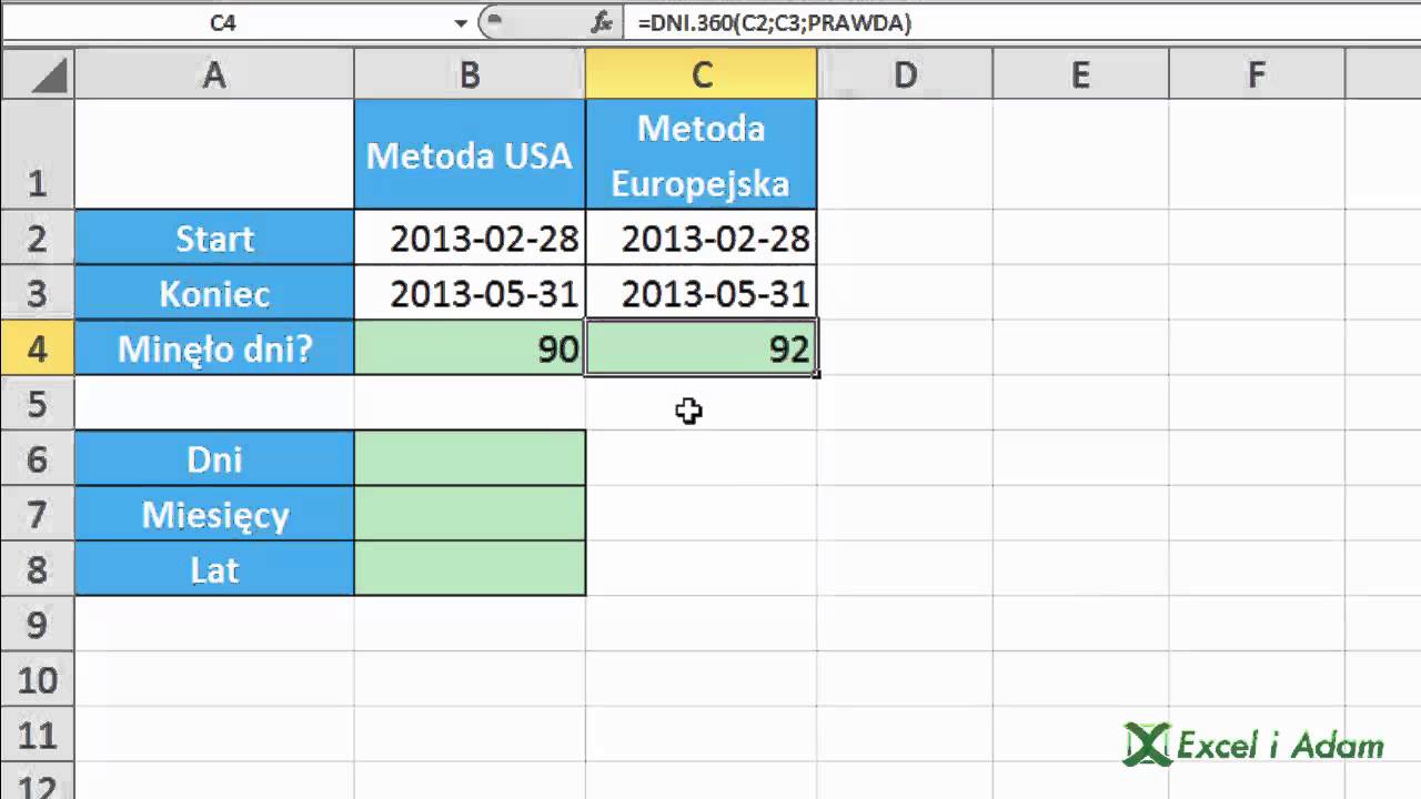 Excel - Funkcja DNI.360 r&oacute;żnica dni, miesięcy, lat pomiędzy datami - porada #199