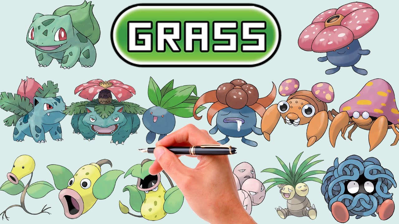 Desenhando Todos os Pokémon do Tipo Grama da Gen 1 | Pokémon Classificados por Tipos