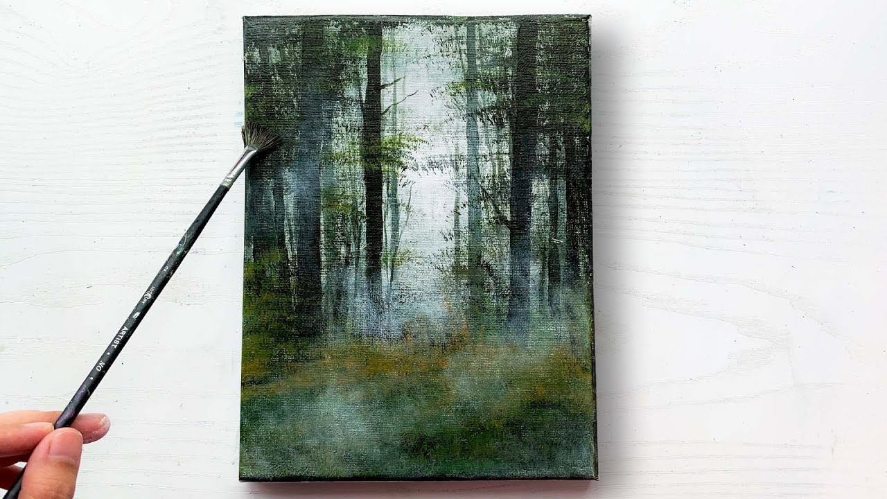 Foggy Forest Acrylic Painting Tutorial / Misty Green Forest Painting with Acrylic for Beginners
