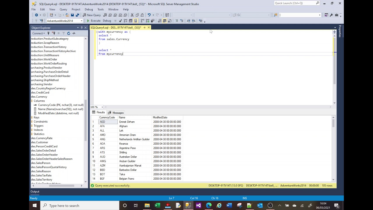 MS SQL tutorial showing use of temporary tables, table variables and CTEs.