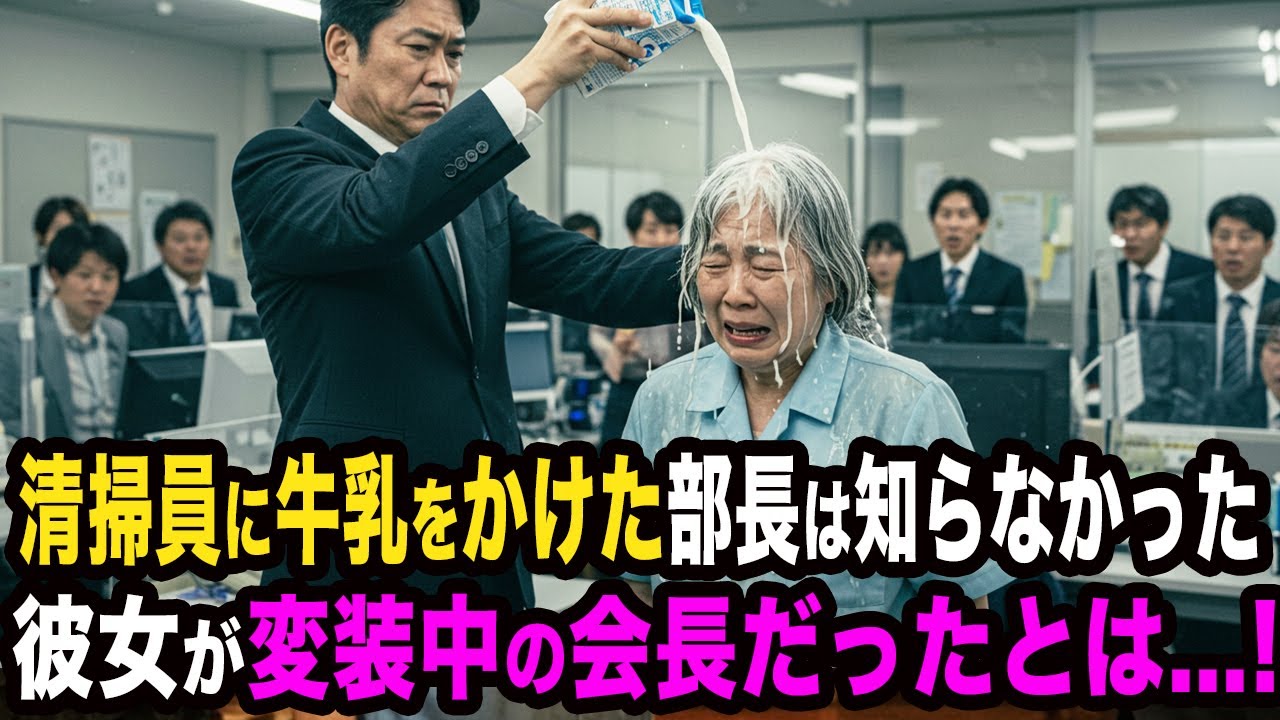 清掃員のおばあさんに牛乳をかけた部長は、彼女が会長だったとは知らなかった。