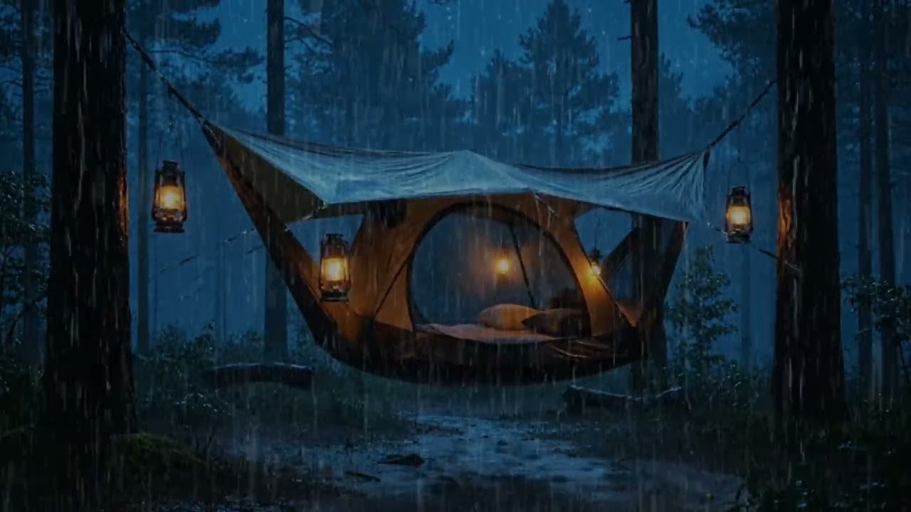 You’ll Fall Asleep in Minutes 🌧️ Heavy Rain Soaking This Suspended Forest Tent at Night