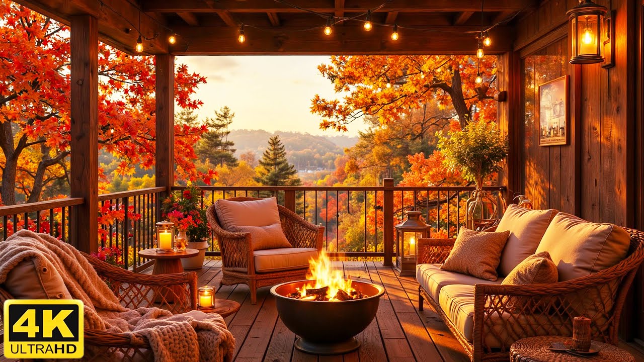 Cozy Fall Morning September Ambience 🍂 Piano Music, Warm Fireplace & Porch Relaxation for Study