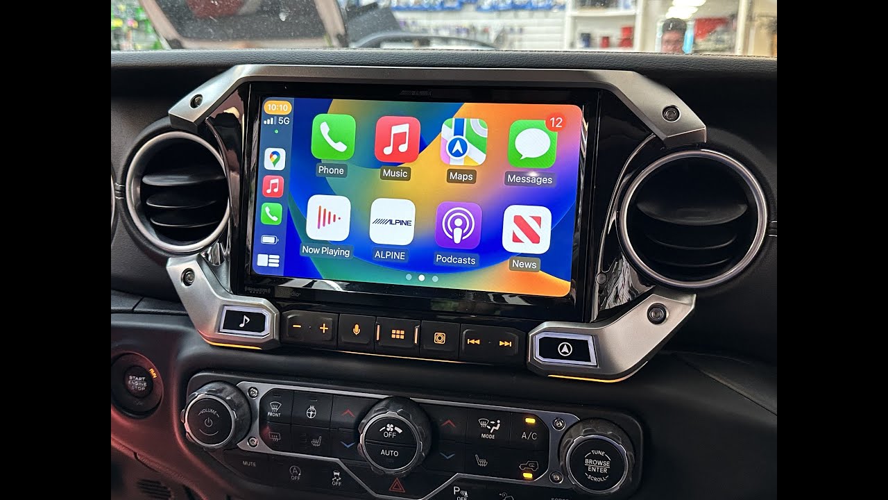 Jeep Wrangler JL Alpine restyle wireless Apple Carplay & Android Auto touch screen radio.