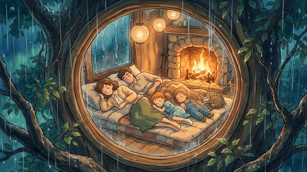 Cozy Treehouse Night: Heavy Rain Outside, Firelight Inside, Peaceful Family Rest | Ghibli-Style ASMR