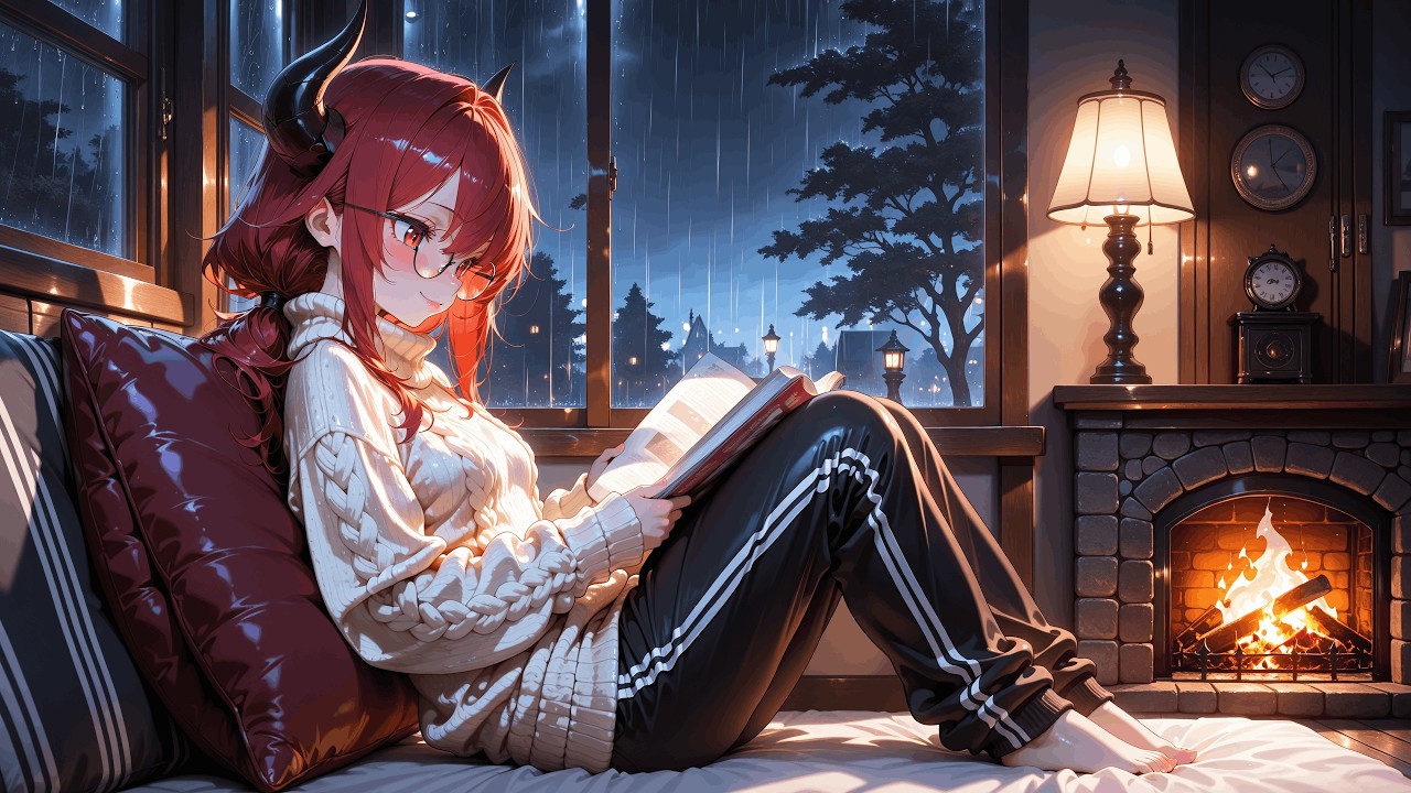 Cozy Dragon Girl Reading by the Rain | 10 Hours Night Ambience
