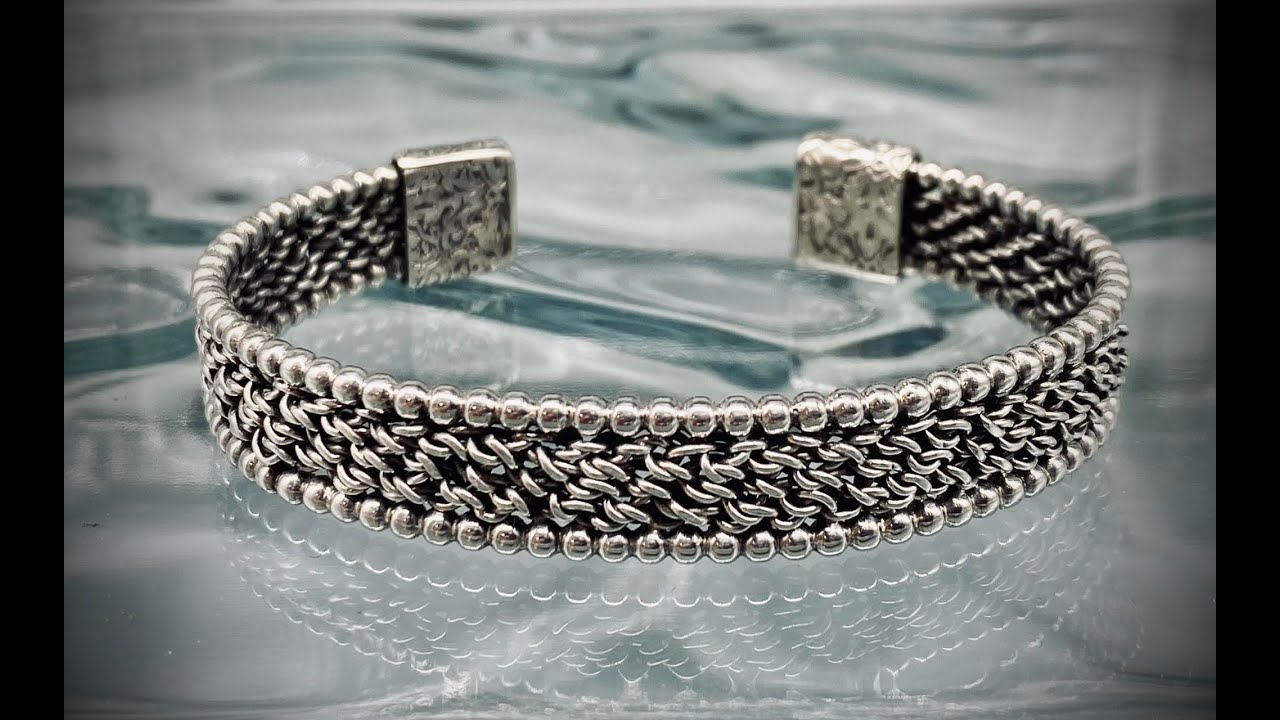 Beaded edge mesh silver bracelet - Flatwearable Artisan Jewelry