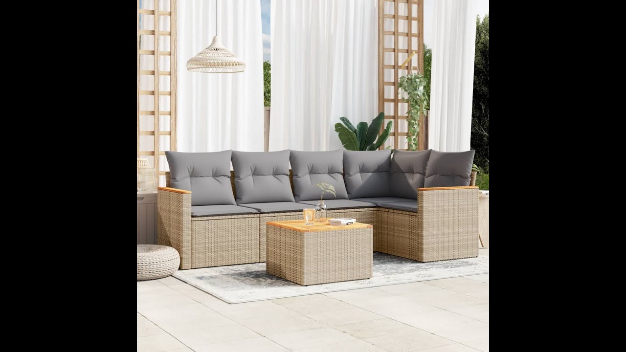 6-delige Loungeset met kussens poly rattan gemengd beige