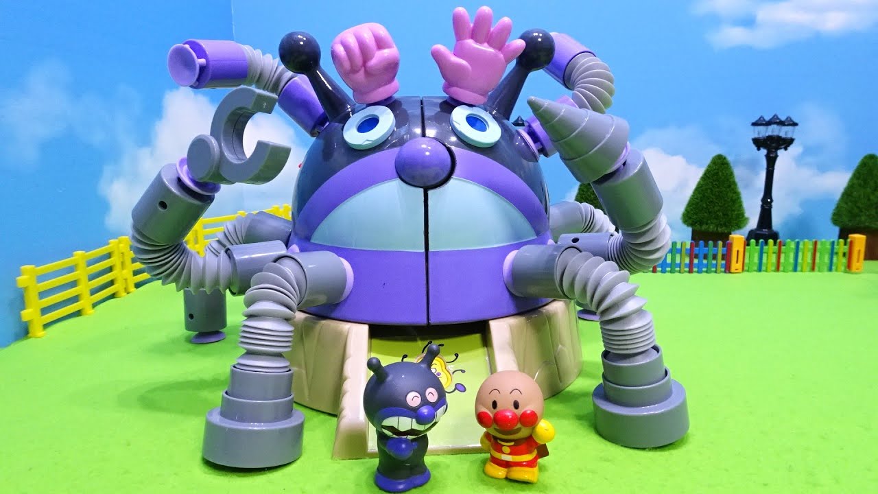 だだんだんのおもちゃの部品をバイキン城にくっつけて遊ぶよ♪吸盤のくねくねチューブで色々な形を作るよ！
