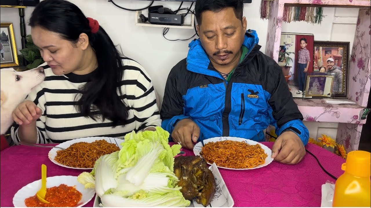 Mukbang 2xspicy ramen 🍜 and pork 😋Sunita & Dorjee Channel ❤️🫶