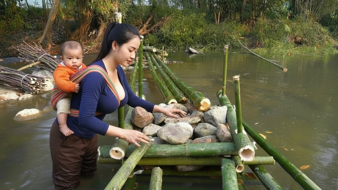 A Quiet Countryside Life: Alone Building a Bamboo Bridge Over the Stream