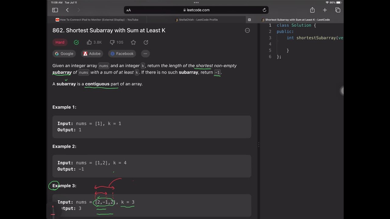 [ LeetCode 862 ] Shortest Subarray with Sum at Least K | deque | python