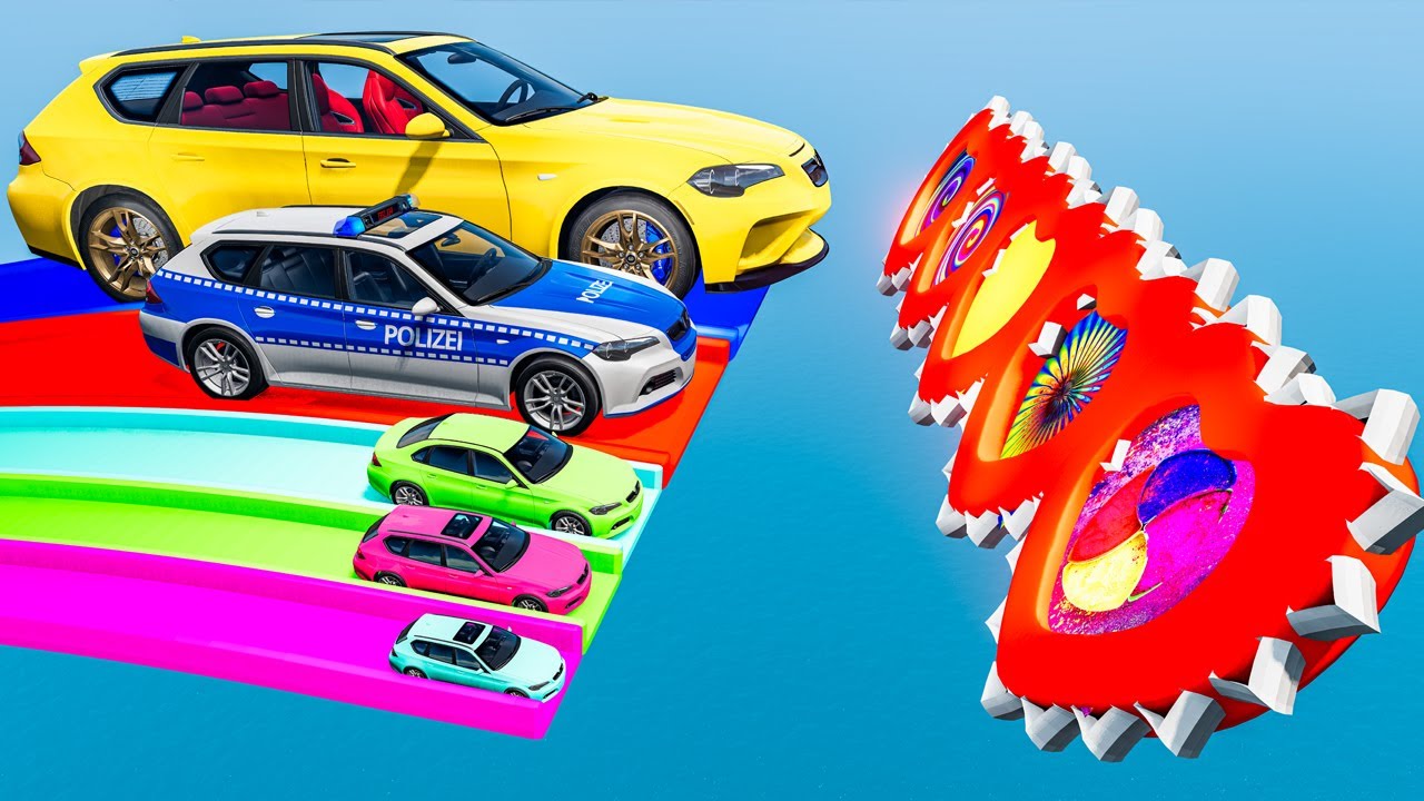 Giant & Small Police Car vs Portal Trap with Slide Colors – Cars vs Trains vs vs Bomb – BeamNG.Drive