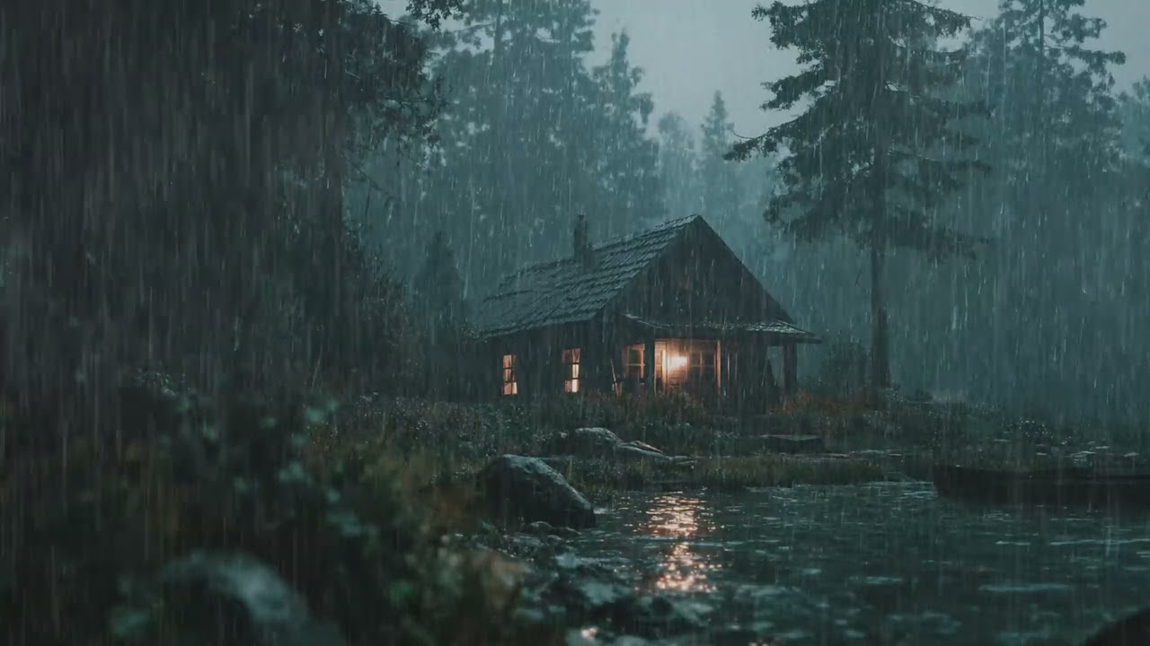 🌧️ Cozy Forest Rain Music | Small Cabin Night 3 Hours | Sleep Study Work Stress Relief Healing Relax