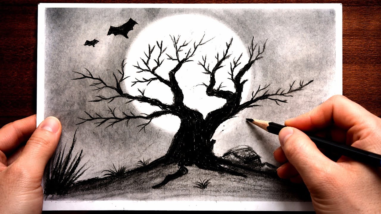 Easy Pencil Drawing Tutorial | Night Tree & Full Moon Scenery #pencildrawing #easydrawing #tutorial 