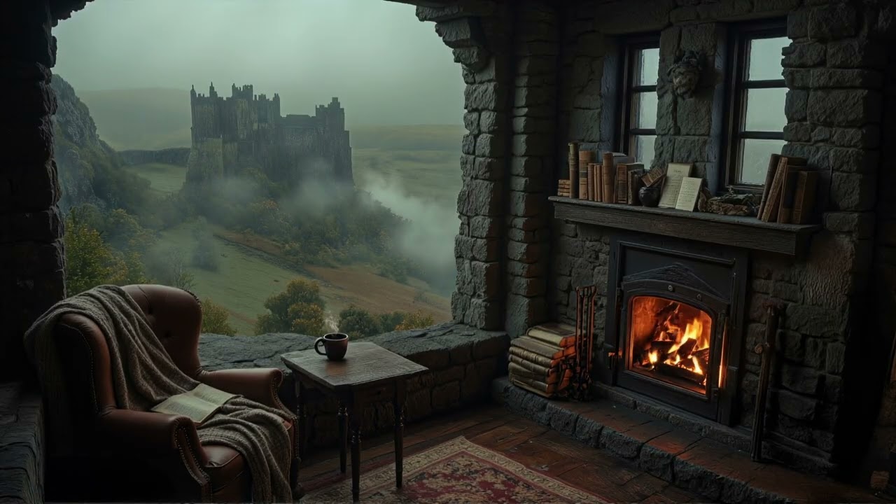 Cozy Scottish Library by the Foggy Castle | Moody & Dark Academia Ambience | Reading, Studying