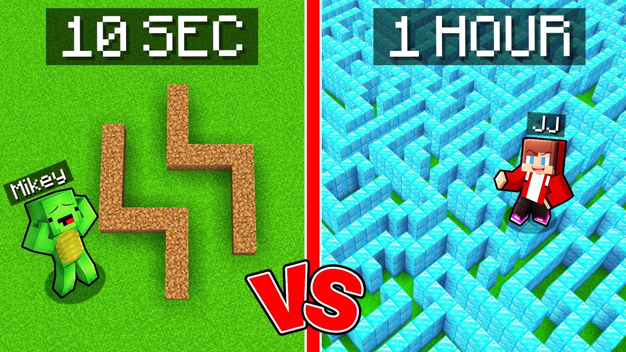 JJ and Mikey: 10 SEC vs 1 HOUR Maze Build Battle - Minecraft Maizen