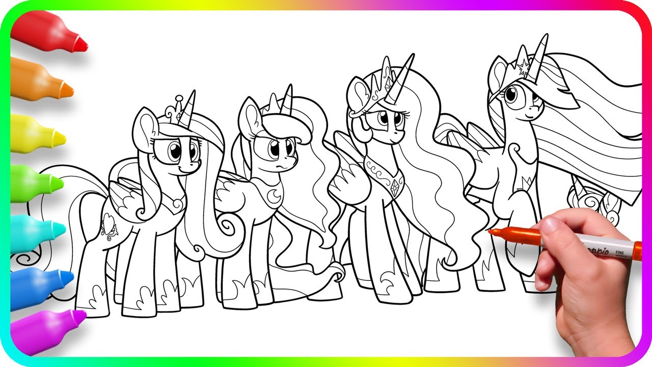Coloring Pages MY LITTLE PONY - 4 Princesses and Flurry Heart / How to color My Little Pony