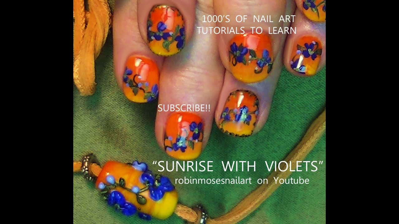 Orange Sunset Gradient Nails | Ombre with Flower nail Art design tutorial