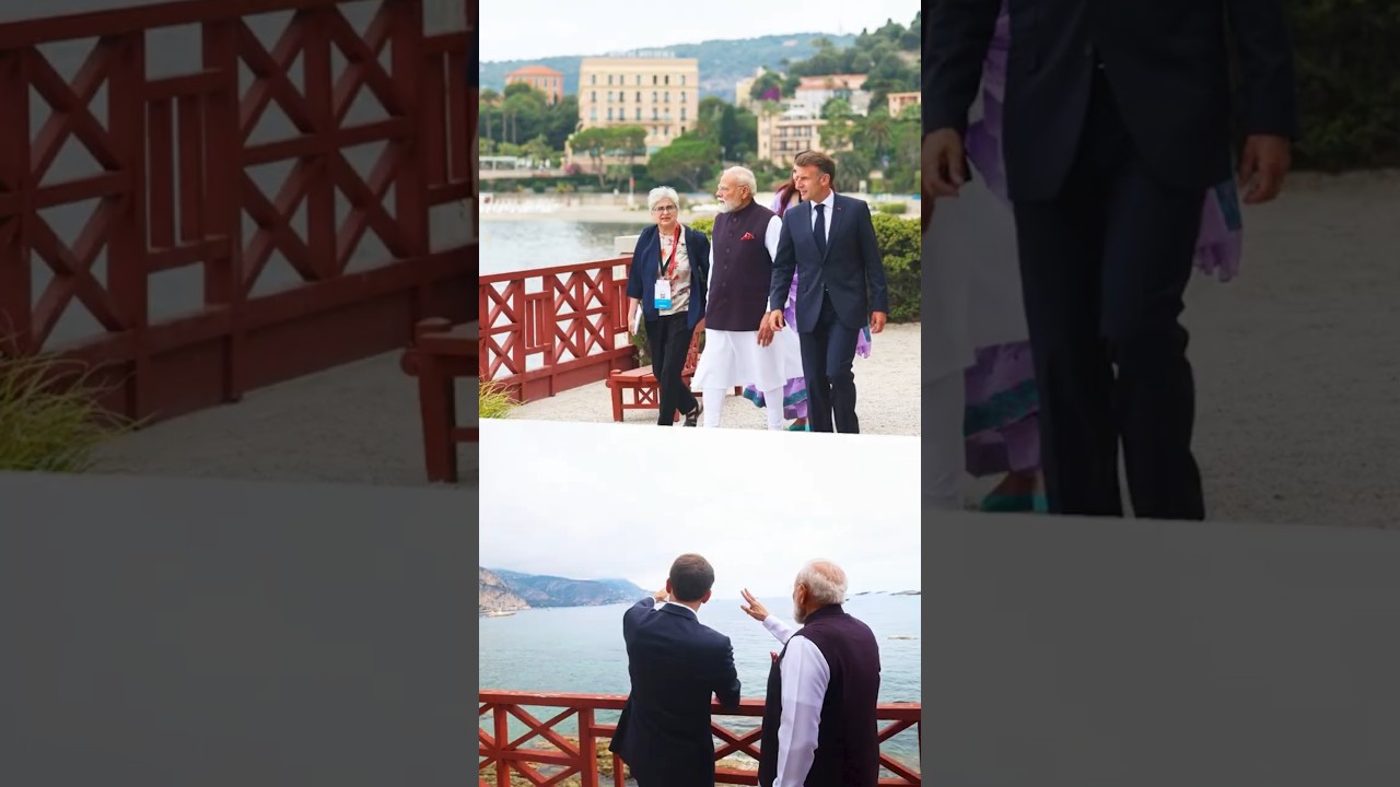PM Modi interacts with French President Macron at Villa Kerlyos in Nice, France | #shorts