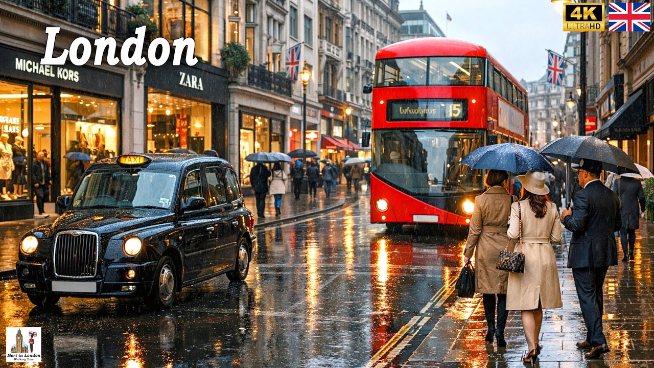 London Rain Shower Walking Tour ☔ Amazing London's Rain Soaked Streets Vibes | True 4K