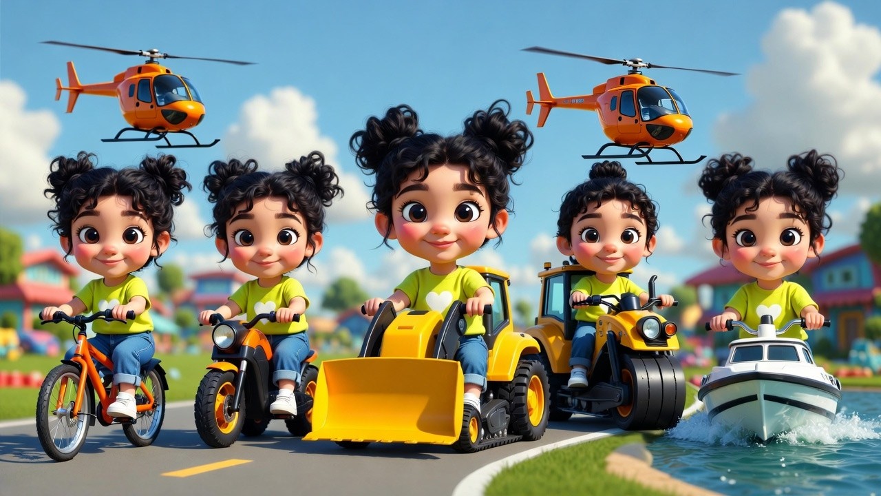 Cute Girl Rides Vehicles 🚲🚗🚜🚁 Kids Learning Fun 🎶
