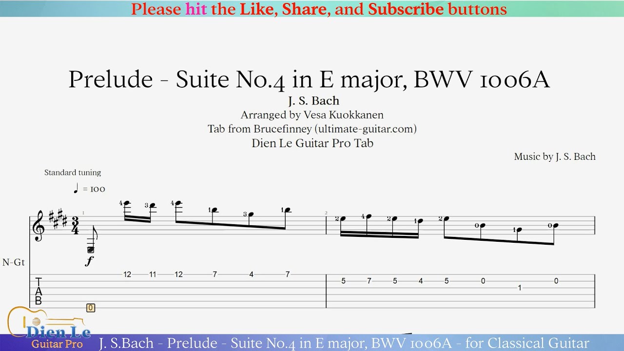 J. S.Bach - Prelude - Suite No.4 in E major, BWV 1006A - for Classical Guitar with Tab