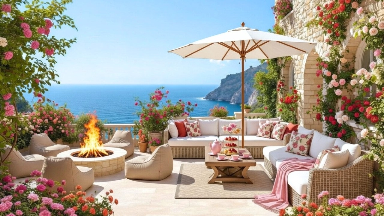 Relaxing Coastal Patio | Cozy Fireplace & Ocean Waves ASMR