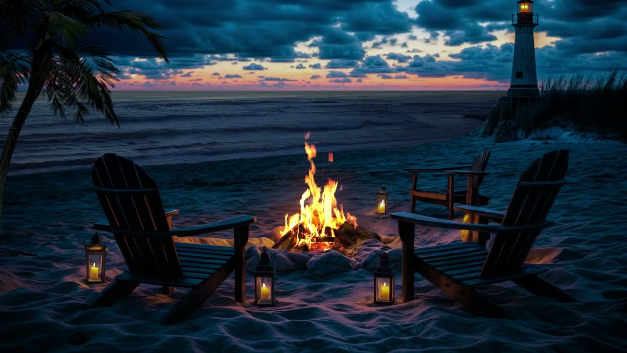 Peaceful Night Beach 🌙Fall Into Sleep in 3 Minutes with Campfire & Ocean Waves Ambience